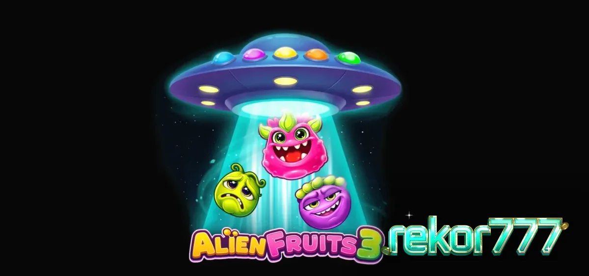 Tampilan antarmuka permainan slot Alien Fruits 3 dengan grid 8x8 dan simbol buah neon.